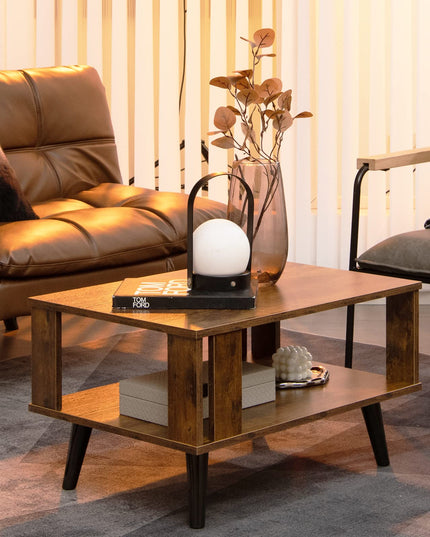 Giantex Retro Wood Coffee Table, 2-Tier Tea Table w/Open Storage Shelf & Supportive Legs