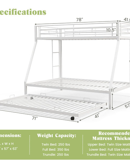 Giantex Twin Over Full Bunk Bed with Trundle, Heavy-Duty Metal Triple Bunk Beds