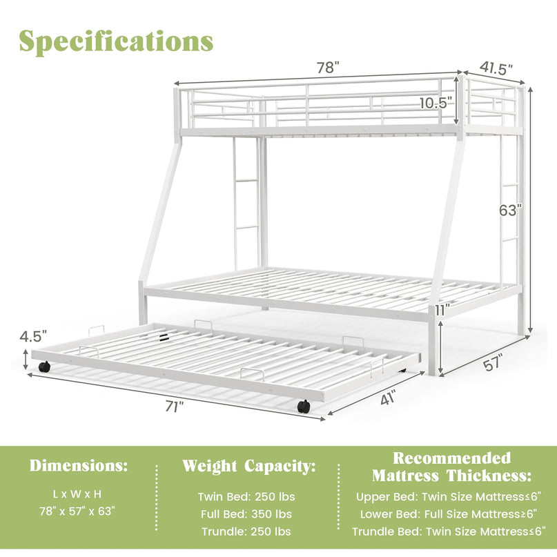 Giantex Twin Over Full Bunk Bed with Trundle, Heavy-Duty Metal Triple Bunk Beds