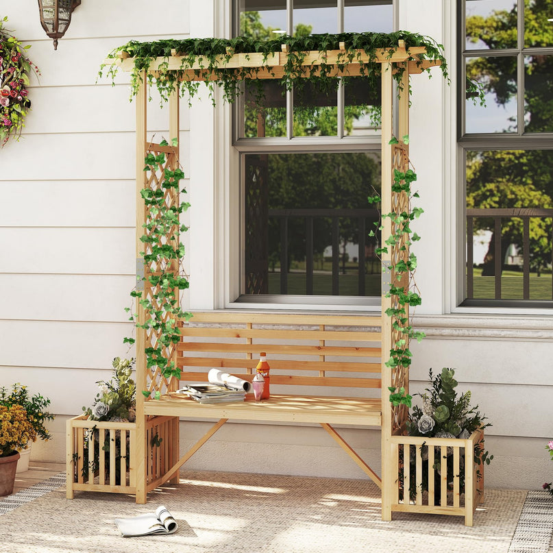 Giantex Outdoor Bench with Garden Arbor & 2 Planter Boxes