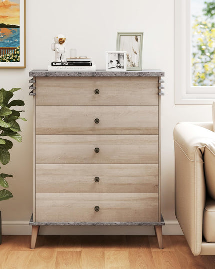 Giantex 5-Drawer Storage Cabinet with Rubber Wood Legs and Anti-Tipping Kit