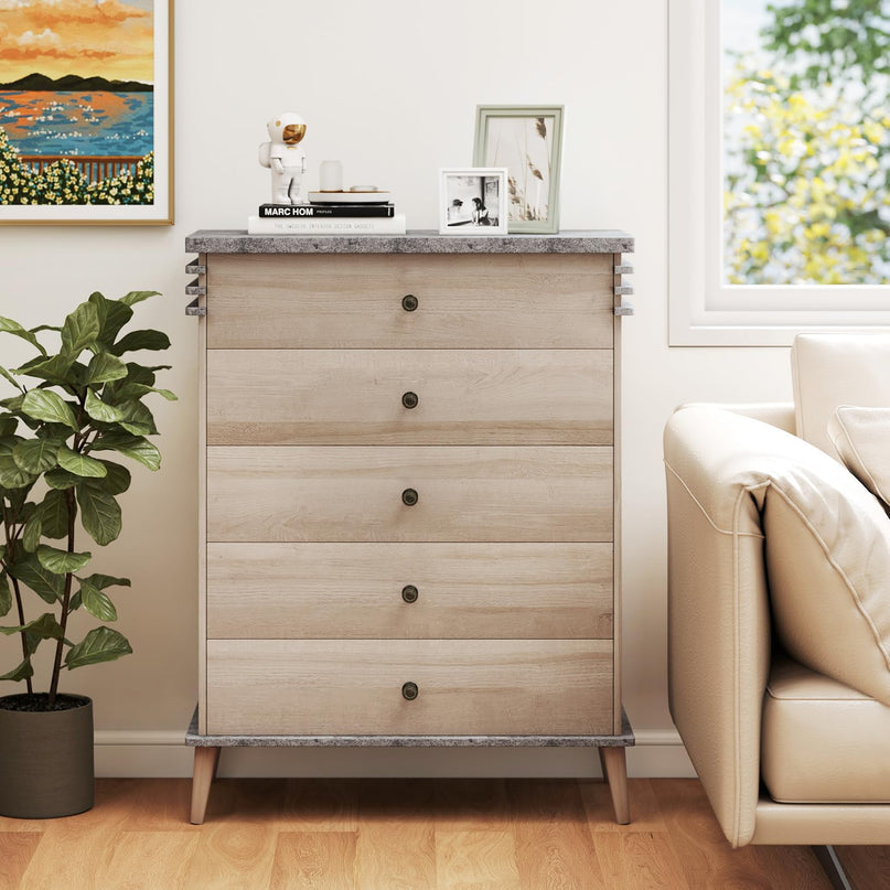 Giantex 5-Drawer Storage Cabinet with Rubber Wood Legs and Anti-Tipping Kit