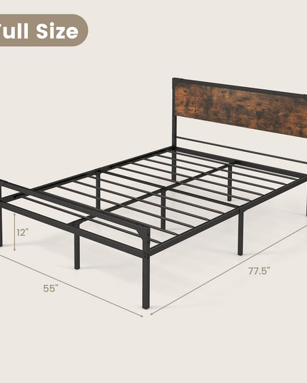 Giantex Full Size Bed Frame with Rustic Headboard & Footboard, Strong Metal Slat Support Mattress Foundation