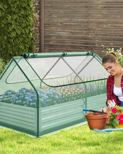 Giantex Galvanized Steel Raised Garden Bed with Mini Greenhouse, Outdoor Metal Planter Box Kit with Large Roll-up Cover