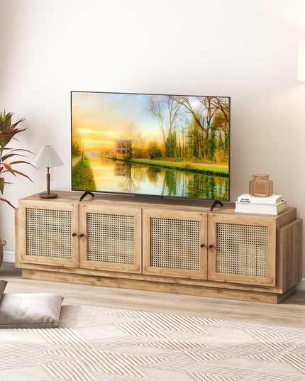 Giantex Farmhouse TV Stand for TVs up to 75”, 4-Door PE Rattan Entertainment Center