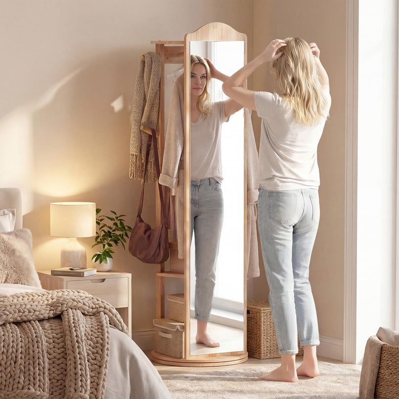 Giantex 66" x 19" Wood Floor Standing Mirror with 2 Clothes Rods