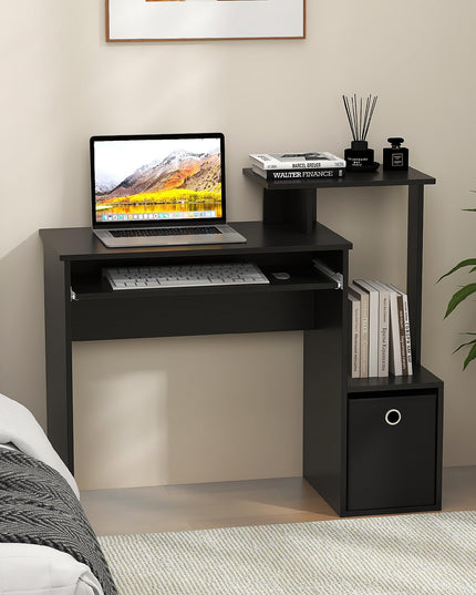 Giantex Computer Desk with Keyboard Tray, Compact Home Office Desk with Fabric Drawer & Storage Shelf