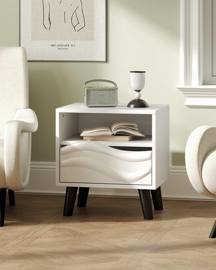 Giantex Mid Century Wood Bedside Table with 3D Wavy Pattern & Open Shelf