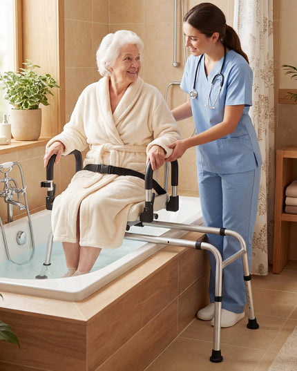 Giantex Sliding Shower Chair with Swivel Seat Flip-Up Padded Armrests & Safety Belt for Seniors