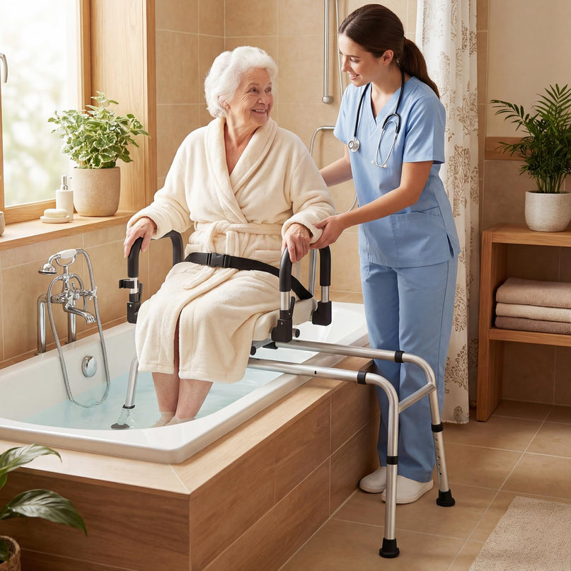 Chaise de Douche Coulissante Giantex avec Siège Pivotant, Accoudoirs Rembourrés Relevables et Ceinture de Sécurité pour Personnes Âgées