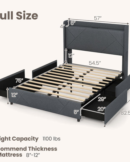 Giantex Full/Queen Size Bed Frame with 4 Storage Drawers & LED Lights, Headboard & Charging Station, Wooden Slats, Easy Assembly, Grey