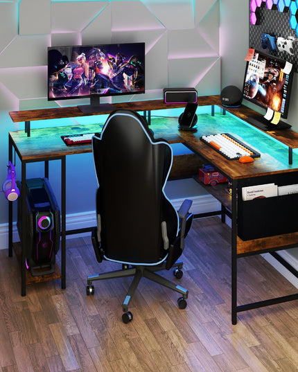 Giantex L Shaped Desk with LED Light & Power Outlets Ergonomic Home Office Desk