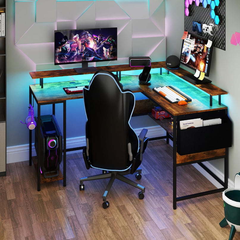 Giantex L Shaped Desk with LED Light & Power Outlets Ergonomic Home Office Desk