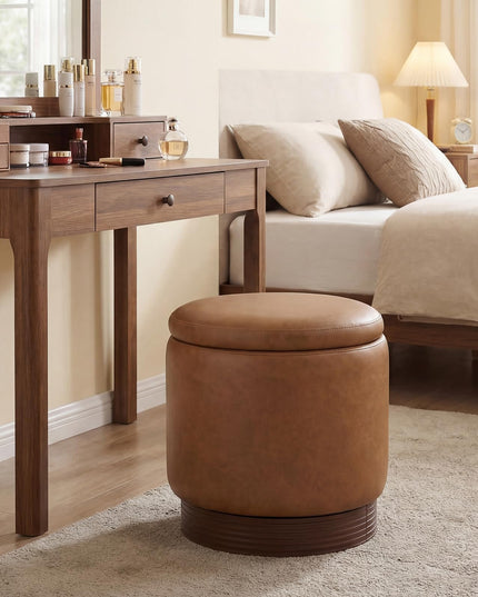 Giantex Round Ottoman with Storage 360° Swivel Faux Leather Vanity Stool