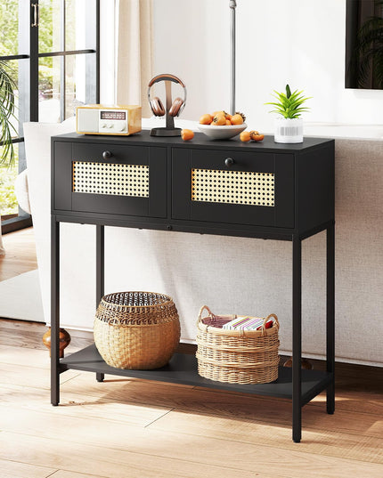 Console géante en rotin bohème de 81 cm avec 2 tiroirs et cadre en métal