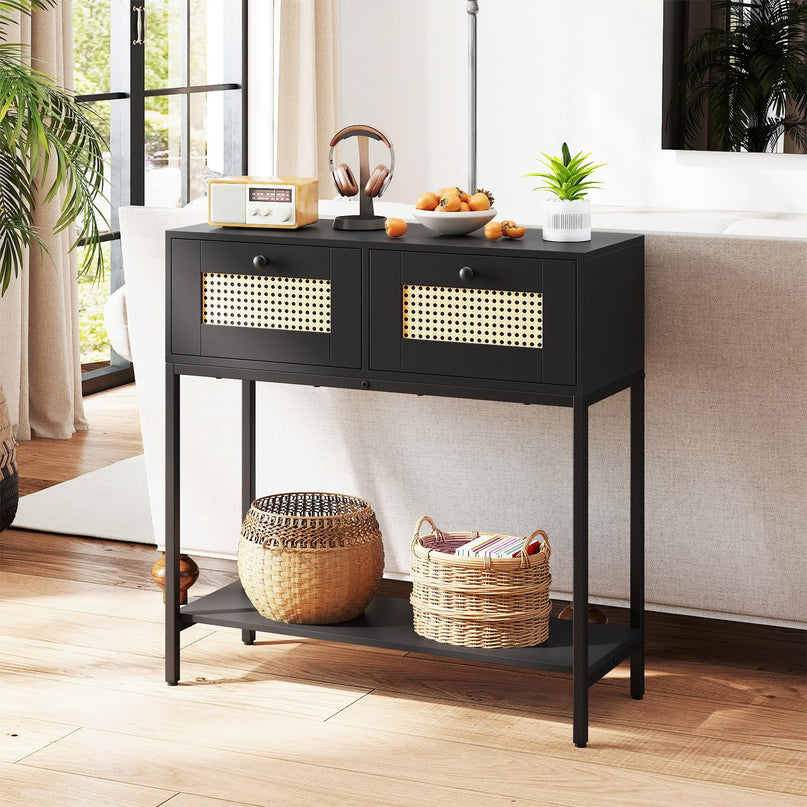 Console géante en rotin bohème de 81 cm avec 2 tiroirs et cadre en métal