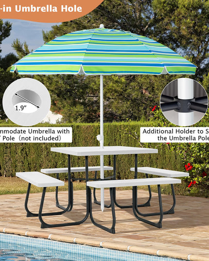 Giantex Picnic Table Set for 4-8 Persons, Outdoor Table and Bench Set with Umbrella Hole, HDPE Top & Metal Frame