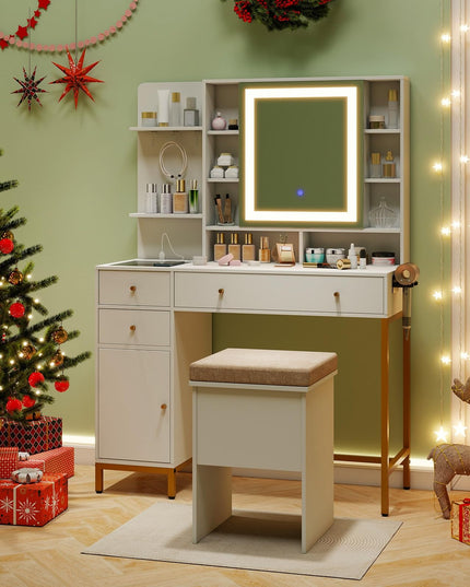 CHARMAID Vanity Desk with Mirror and Lights, White Makeup Vanity Table with Transparent Glass Tabletop