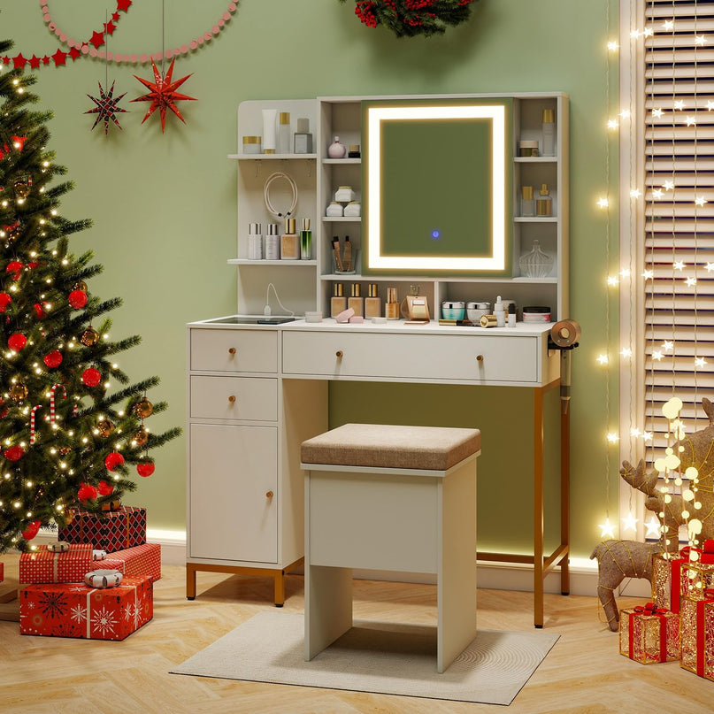CHARMAID Vanity Desk with Mirror and Lights, White Makeup Vanity Table with Transparent Glass Tabletop