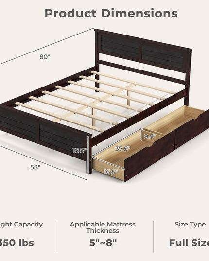 Giantex Wood Full Size Bed Frame with 2 Storage Drawers, Solid Wood Platform Bed with Headboard