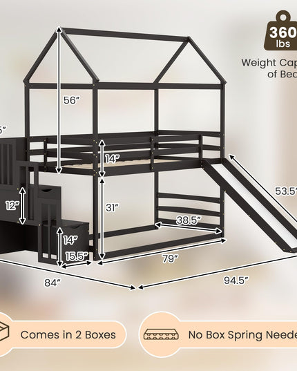 Giantex House Bunk Bed Twin Over Twin with Slide and Storage Stairs, Solid Wood Low Loft Bed Frame with Roof & Guardrail