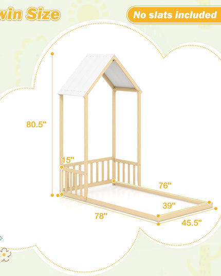 Giantex Twin Size House Bed with House Shape Roof & Semi-Fence