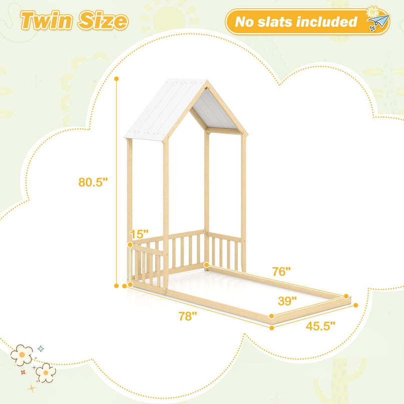Giantex Twin Size House Bed with House Shape Roof & Semi-Fence
