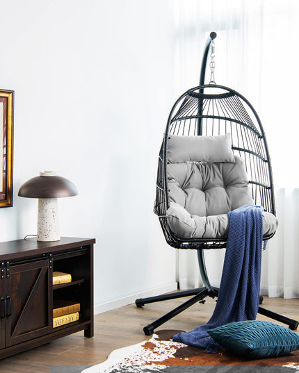 Giantex Egg Chair with Stand, Hanging Basket Chair Hammock Chair w/ Steel Stand Pillow Seat Cushion Rattan Basket & Dust Cover