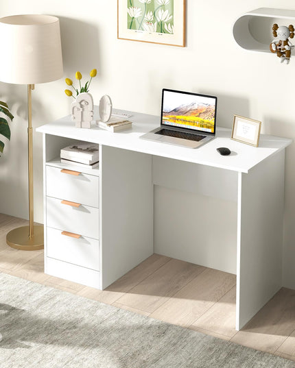 Giantex White Desk with Drawers, Modern Home Office Desk Writing Study Desk with Charging Station