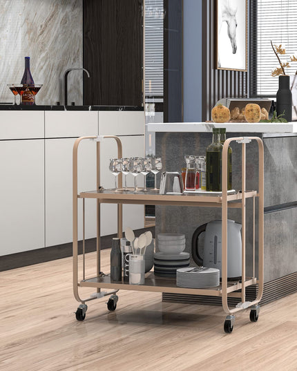 Giantex 2-Tier Mobile Serving Cart, Foldable Storage Cart on Wheels, Tempered Glass Shelf (Rose Gold)