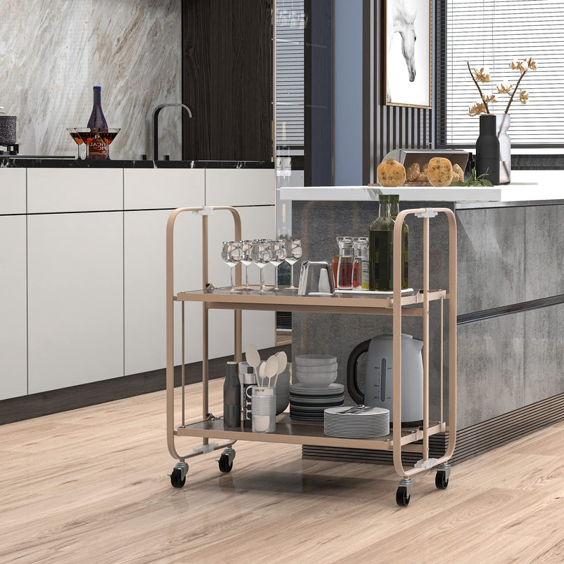 Giantex 2-Tier Mobile Serving Cart, Foldable Storage Cart on Wheels, Tempered Glass Shelf (Rose Gold)