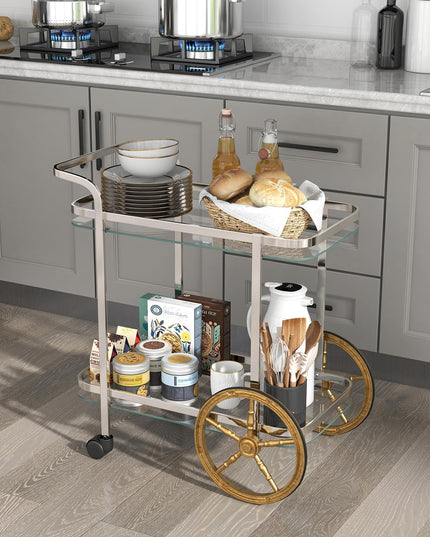 Giantex 2-Tier Bar Cart, Stylish Rolling Serving Cart w/Tempered Glass Shelves