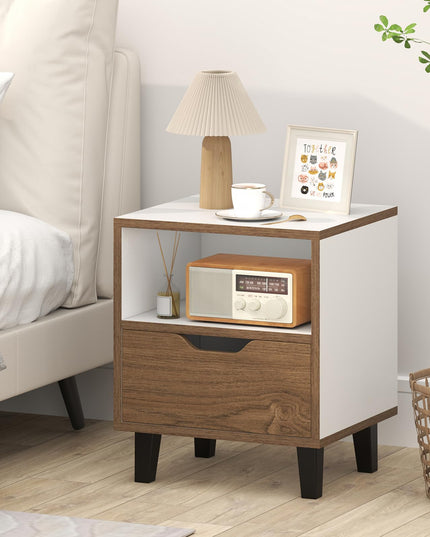 Giantex Mid Century Modern Nightstand Wooden Bedside Table with Drawer & Open Shelf