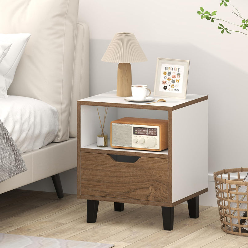 Giantex Mid Century Modern Nightstand Wooden Bedside Table with Drawer & Open Shelf