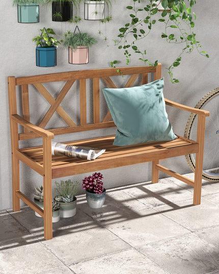 Giantex Outside Garden Bench Loveseat - 2-Person Acacia Wood Bench with Armrest
