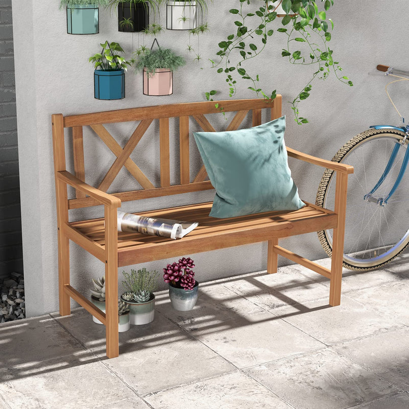 Giantex Outside Garden Bench Loveseat - 2-Person Acacia Wood Bench with Armrest