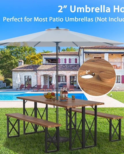 Giantex Outdoor Picnic Table Set with 2 Benches, Acacia Wood Patio Dining Table Set for 6 or 4 Persons, with 2” Umbrella Hole