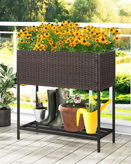 Giantex Raised Garden Bed with Legs, Rattan Elevated Planter Box w/Storage Shelf
