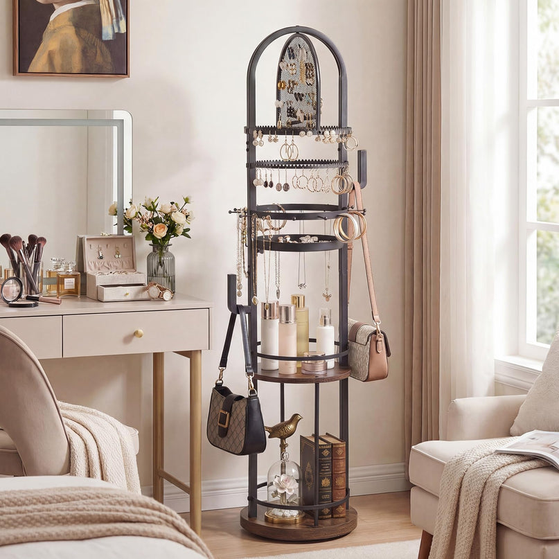 CHARMAID 360° Rotating Floor Standing Jewelry Organizer with Pegboard