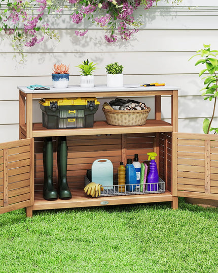 Giantex Outdoor Potting Bench Acacia Wood Large Planting Workstation