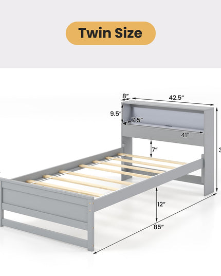 Giantex Twin Bed Frames with Storage Headboard, Wood Platform Bed with Charging Station & LED Light