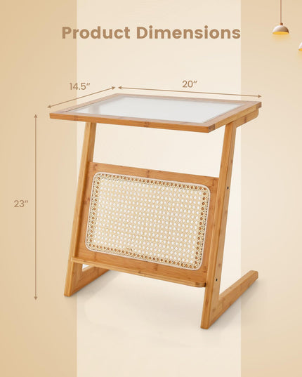 Giantex Rattan Side Table, Boho End Table with Glass Top & Magazine Rack, Z-Shaped Nightstand with Storage