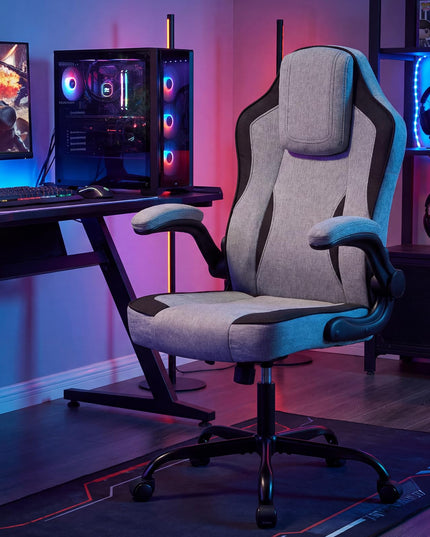 Chaise de bureau ergonomique Giantex | Chaise de bureau en tissu de lin avec accoudoirs relevables à 90°