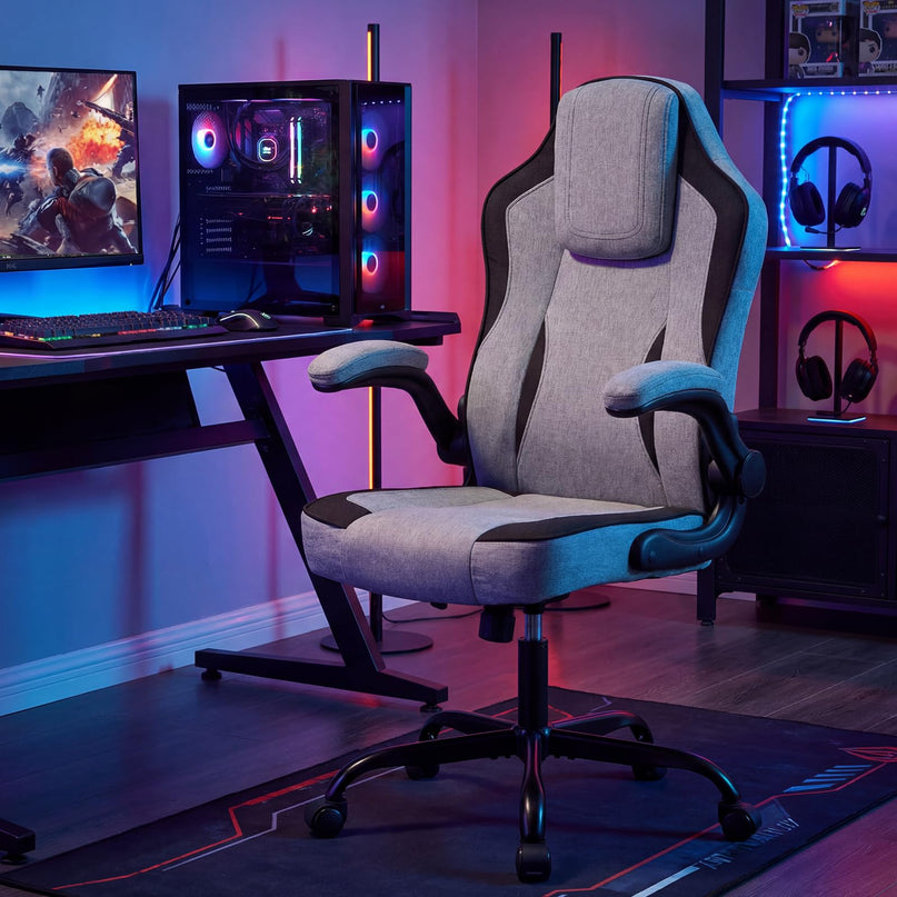 Giantex Ergonomic Office Chair | Linen Fabric Computer Desk Chair with 90° Flip-up Armrests