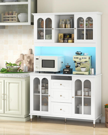 Giantex 73" Kitchen Pantry Cabinet, Kitchen Hutch Storage Cabinet with LED Lights and Charging Station