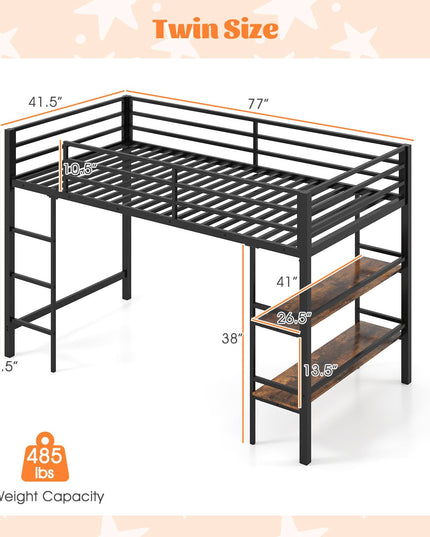 Giantex Heavy Duty Metal Frame Low Loft Bed Twin Size w/Ladder & Full-Length Guardrails