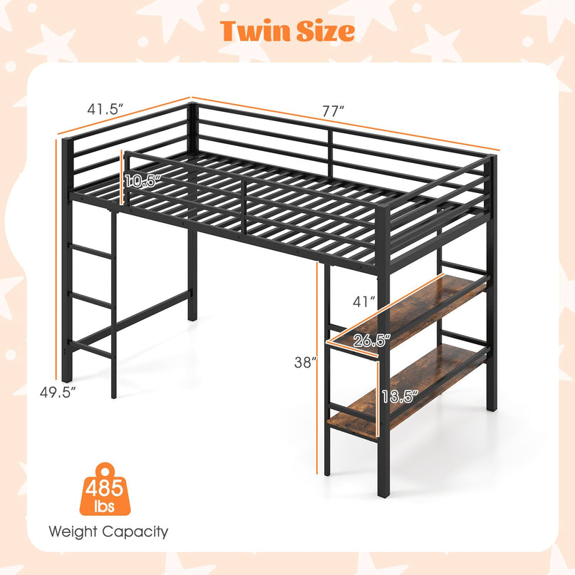 Giantex Heavy Duty Metal Frame Low Loft Bed Twin Size w/Ladder & Full-Length Guardrails