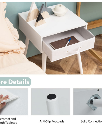 End Table Accent Bedside Table W/ 1 Removable Fabric Drawer and Solid Wooden Legs
