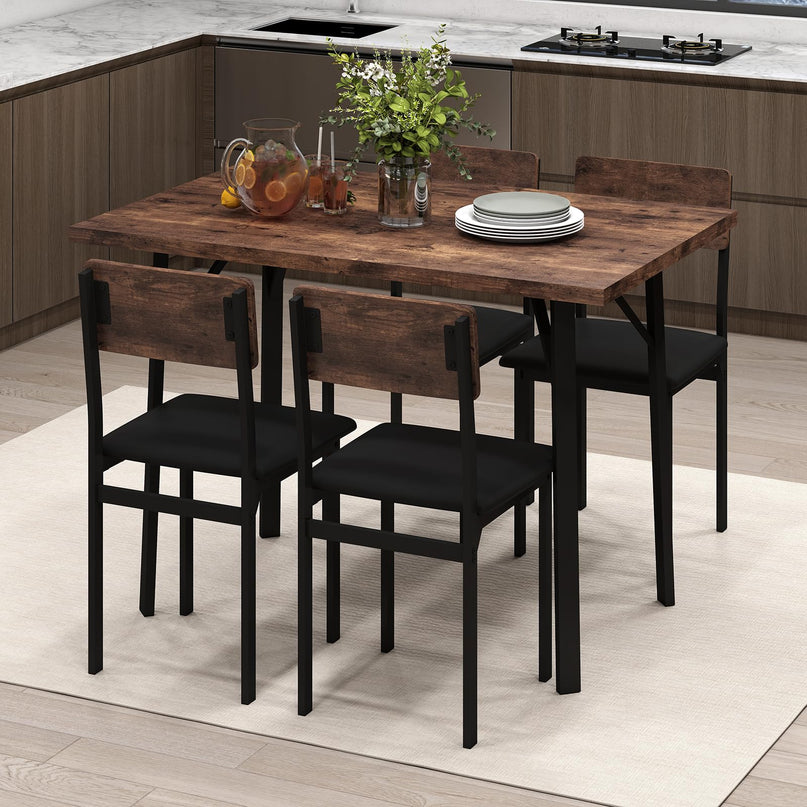 Giantex Industrial Kitchen Table and 4 PU Leather Upholstered Chairs with Metal Leg