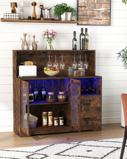 GIANTEX Wine Bar Cabinet with LED Lights & Charging Station